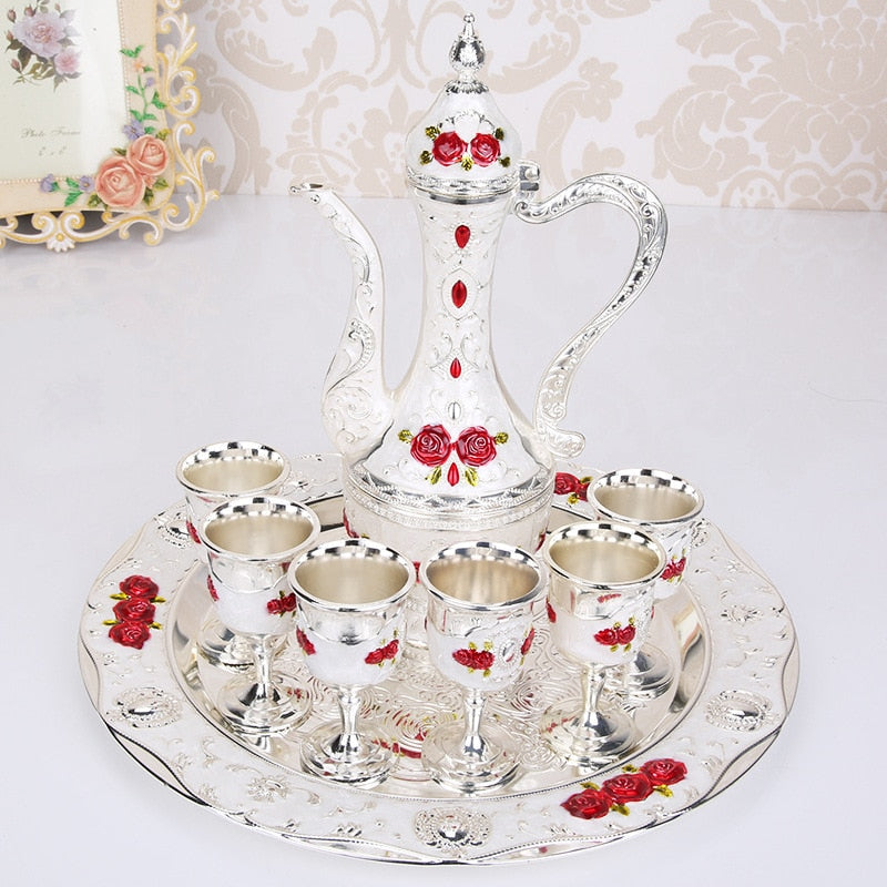 Rose Enamel Wedding Wine Set: Ewer, Tray & 6 Goblets