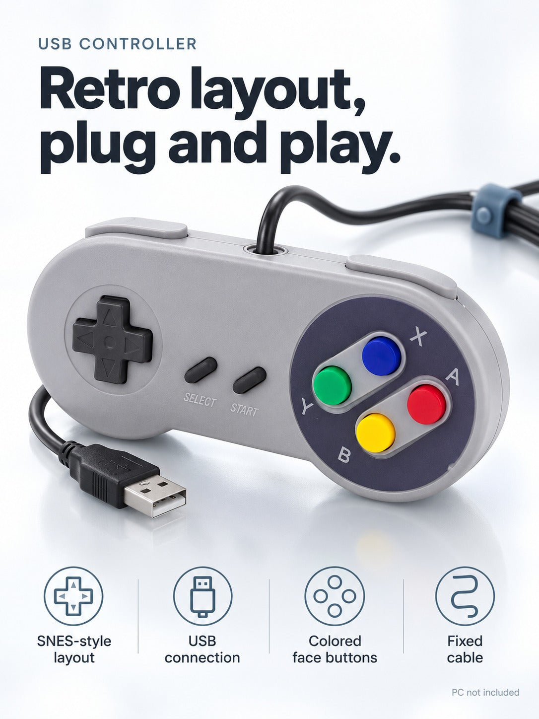 Retro SNES-Style USB Controller for PC Gaming Plug-and-Play
