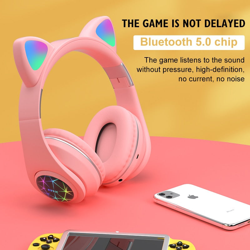RGB Cat Ear Headphones Bluetooth 5.0 with Long Battery
