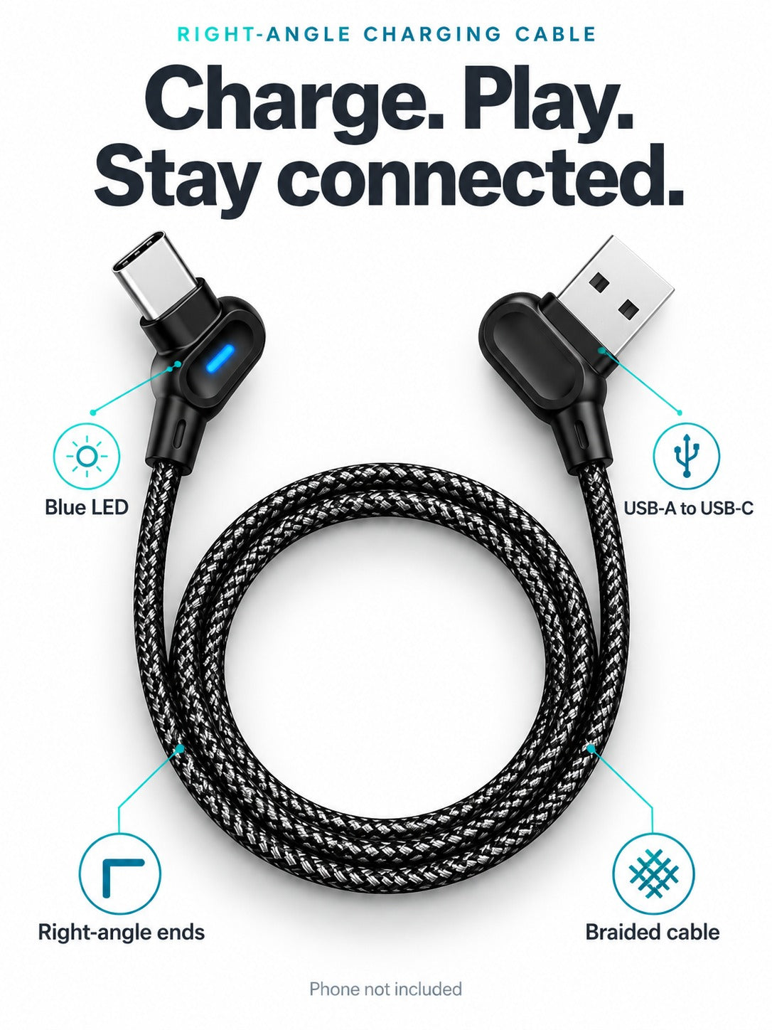 Right Angle Braided Gaming Charging Cable for Phones