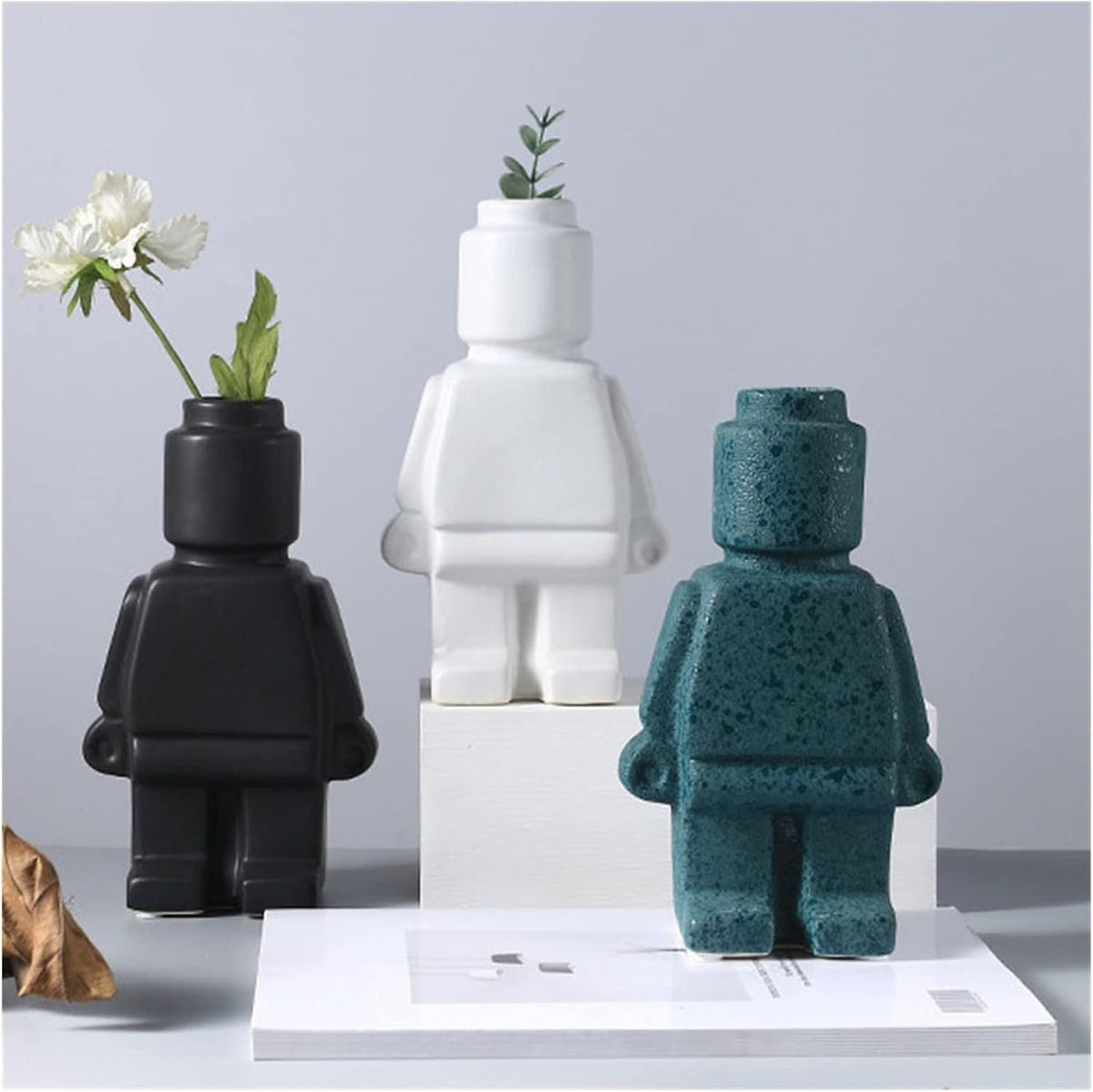Robot Vase Decorative Black Resin Floral Home Decor
