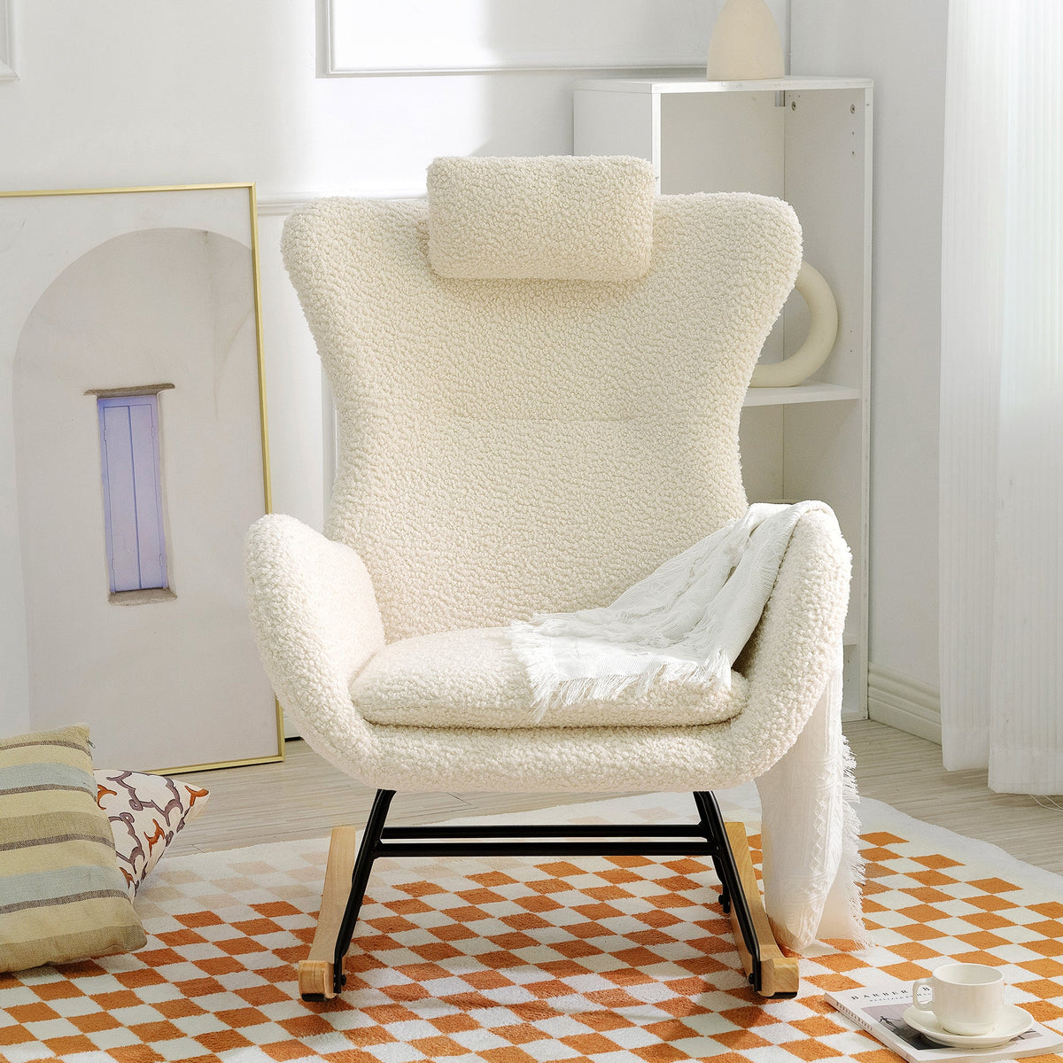 Cream Rocking Chair with High Back for Nursery Comfort