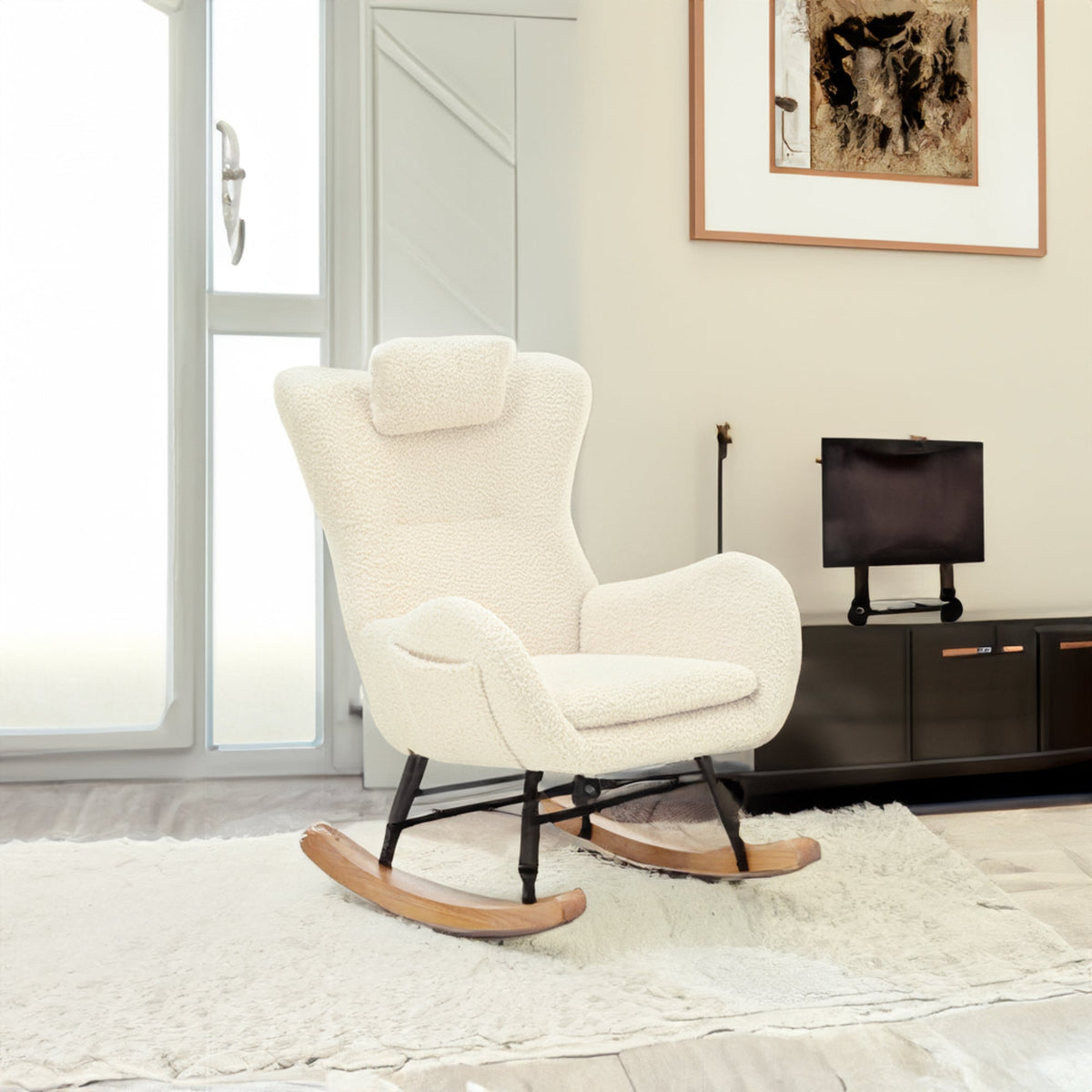 Cream Rocking Chair with High Back for Nursery Comfort