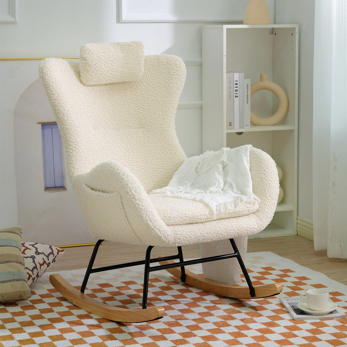Cream Rocking Chair with High Back for Nursery Comfort