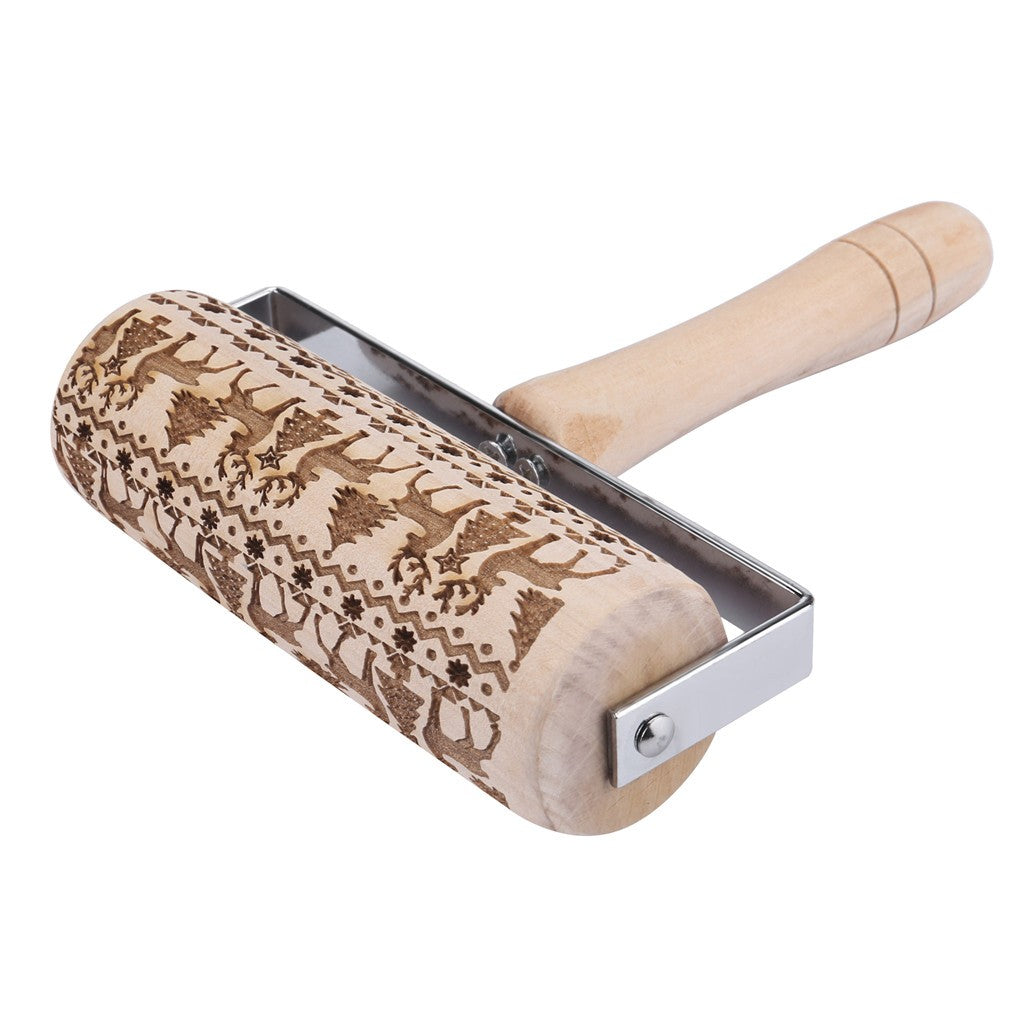 Embossed Wooden Rolling Pin with Reindeer & Tree Designs