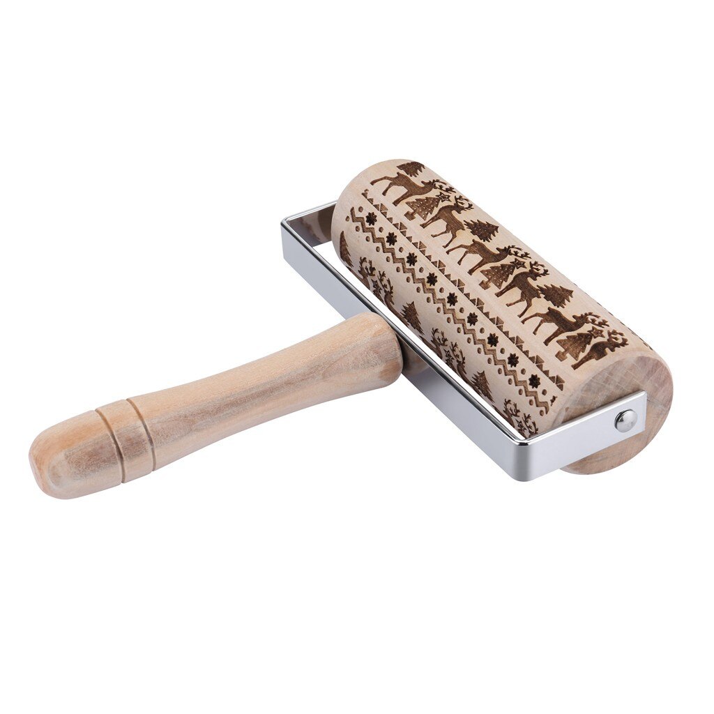 Embossed Wooden Rolling Pin with Reindeer & Tree Designs