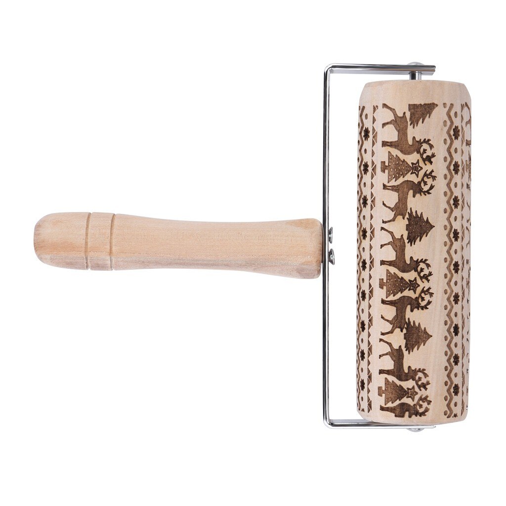 Embossed Wooden Rolling Pin with Reindeer & Tree Designs