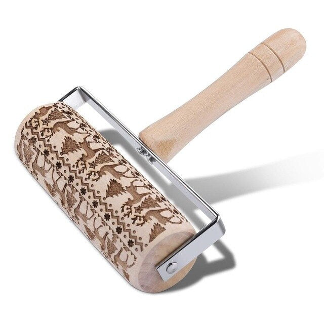 Embossed Wooden Rolling Pin with Reindeer & Tree Designs