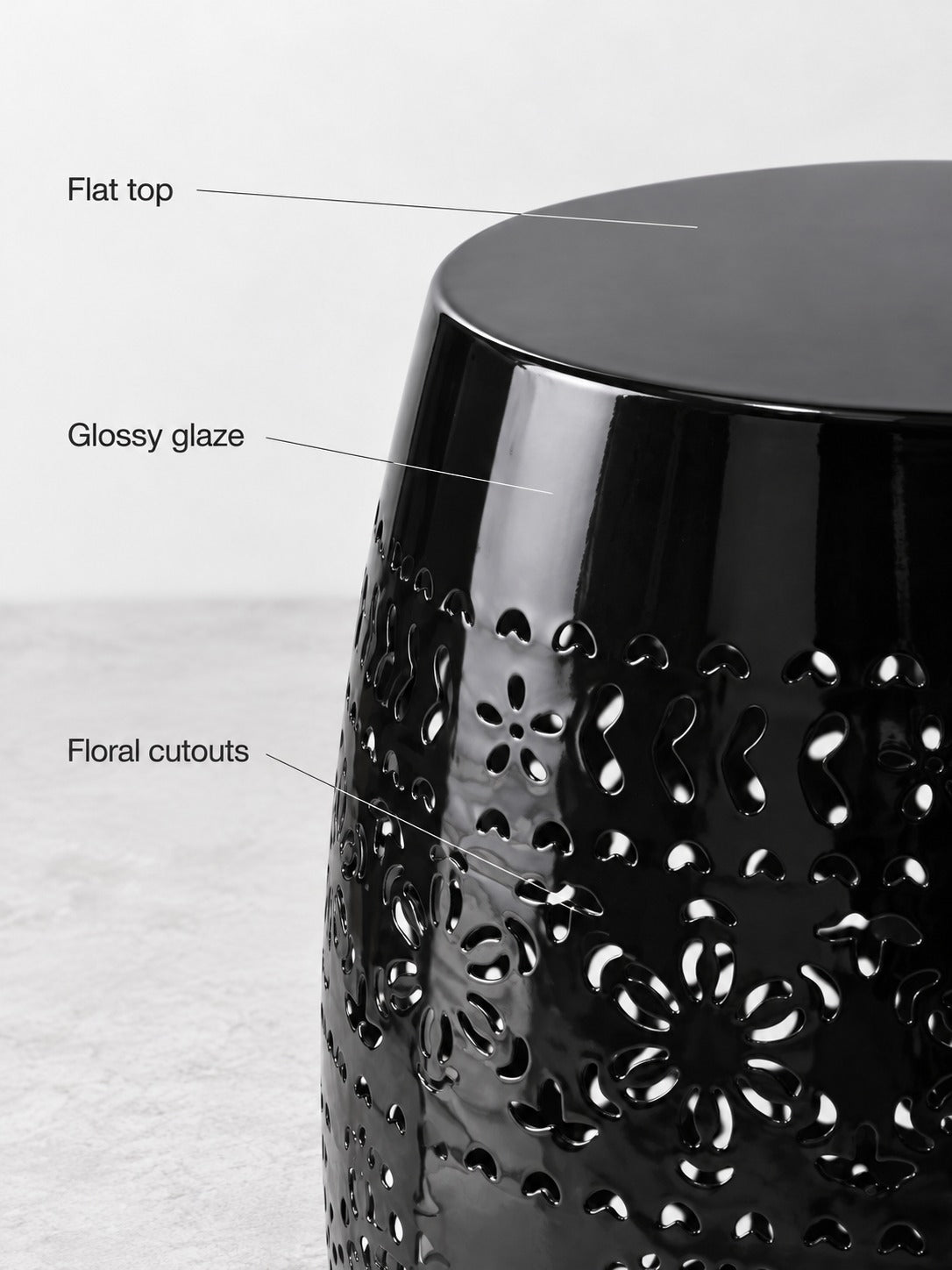 Black Ceramic Side Table with Floral Cutout Design