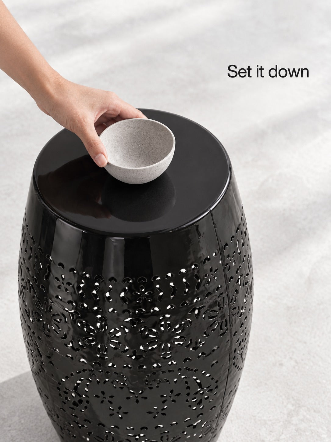 Black Ceramic Side Table with Floral Cutout Design