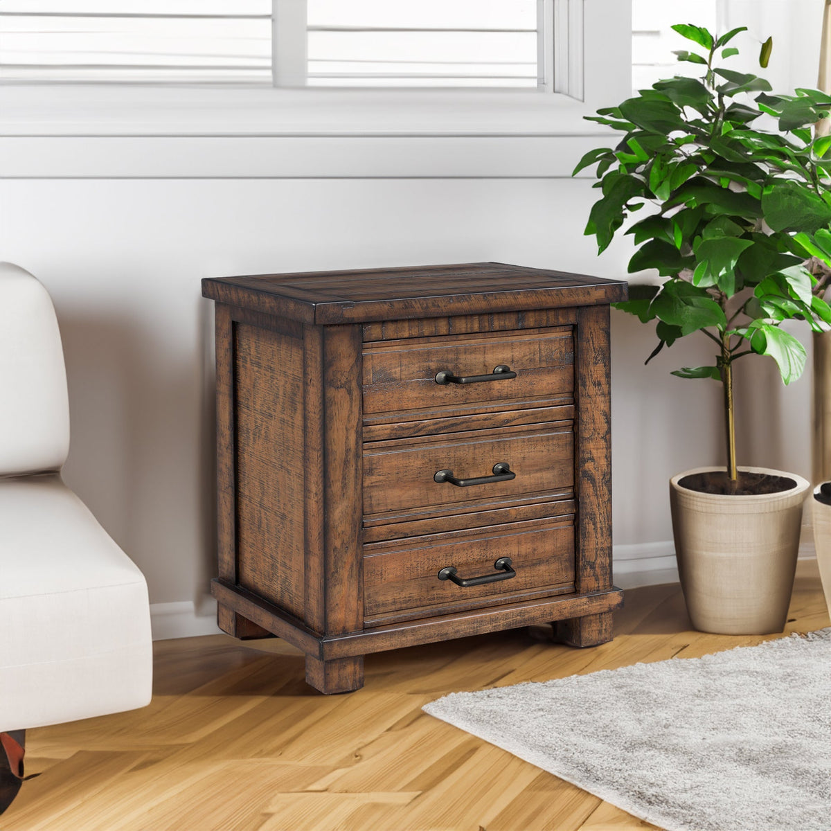 Solid Wood Farmhouse Nightstand with Three Drawers