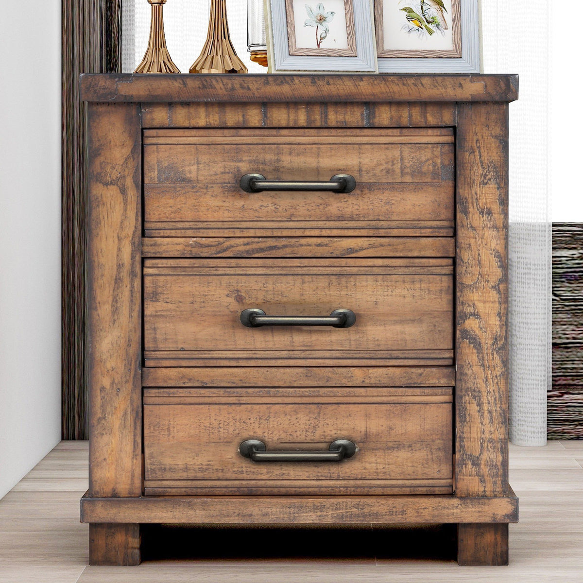 Solid Wood Farmhouse Nightstand with Three Drawers