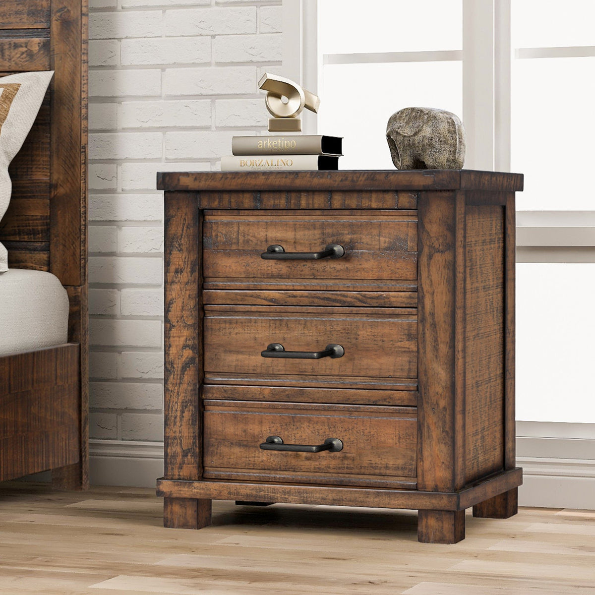 Solid Wood Farmhouse Nightstand with Three Drawers