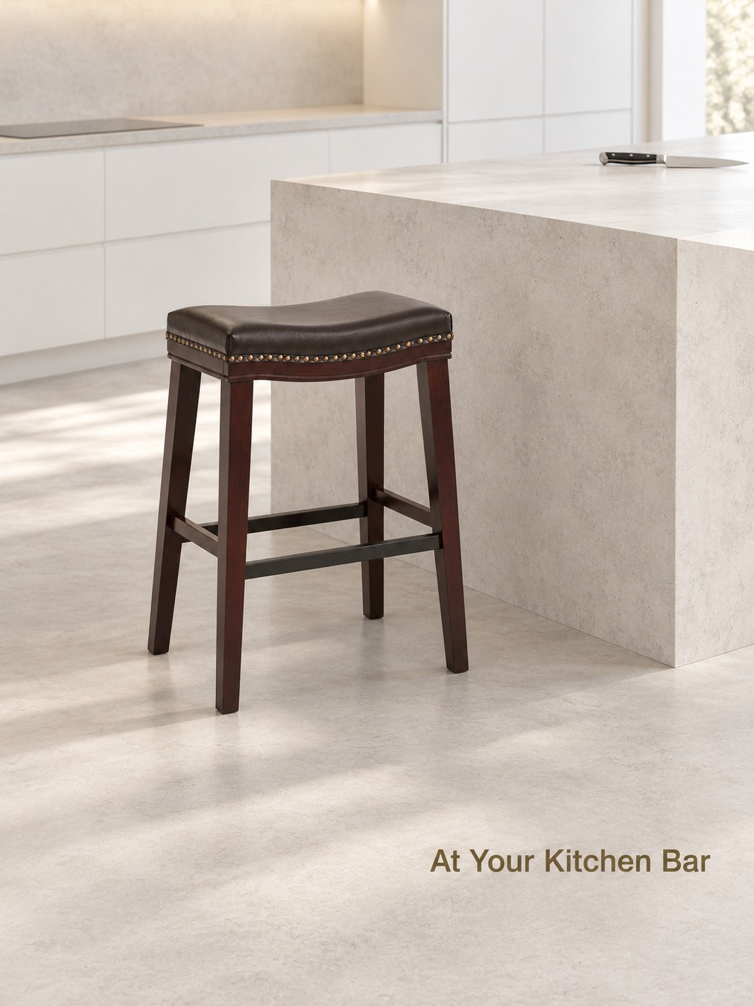 Saddle Bar Stool with Brass Nailhead Trim for Kitchen