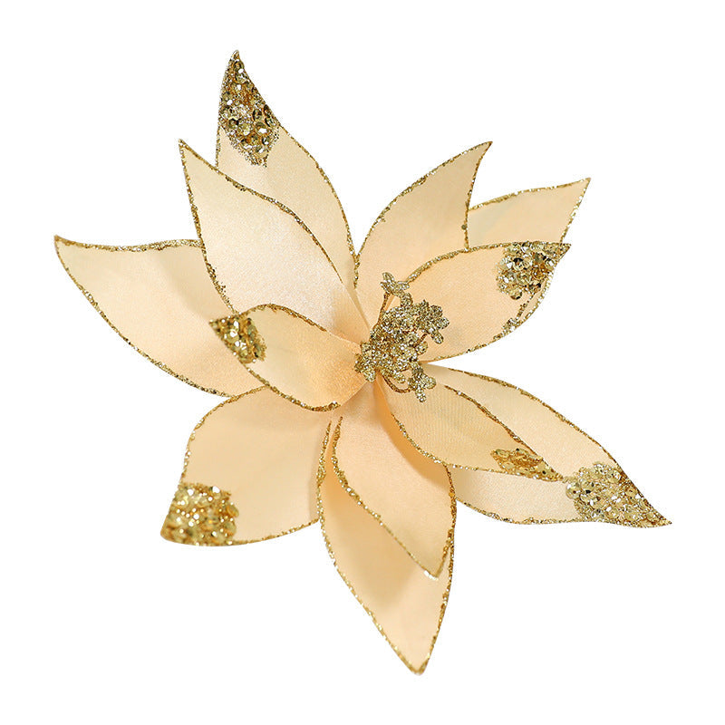 Velvet Poinsettia Christmas Flower Pick with Glitter Edge