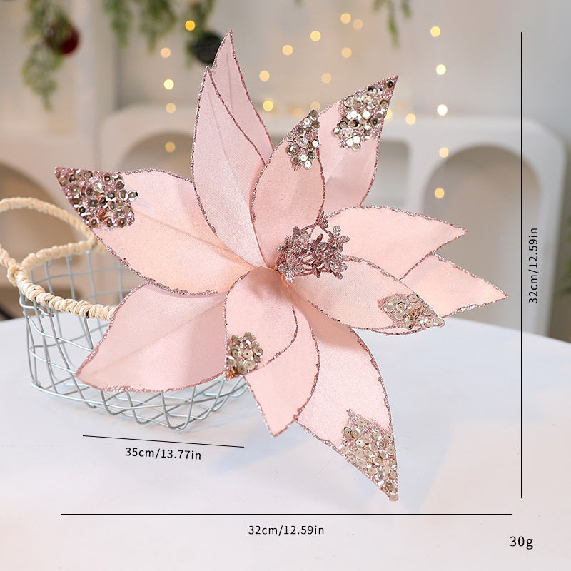 Velvet Poinsettia Christmas Flower Pick with Glitter Edge