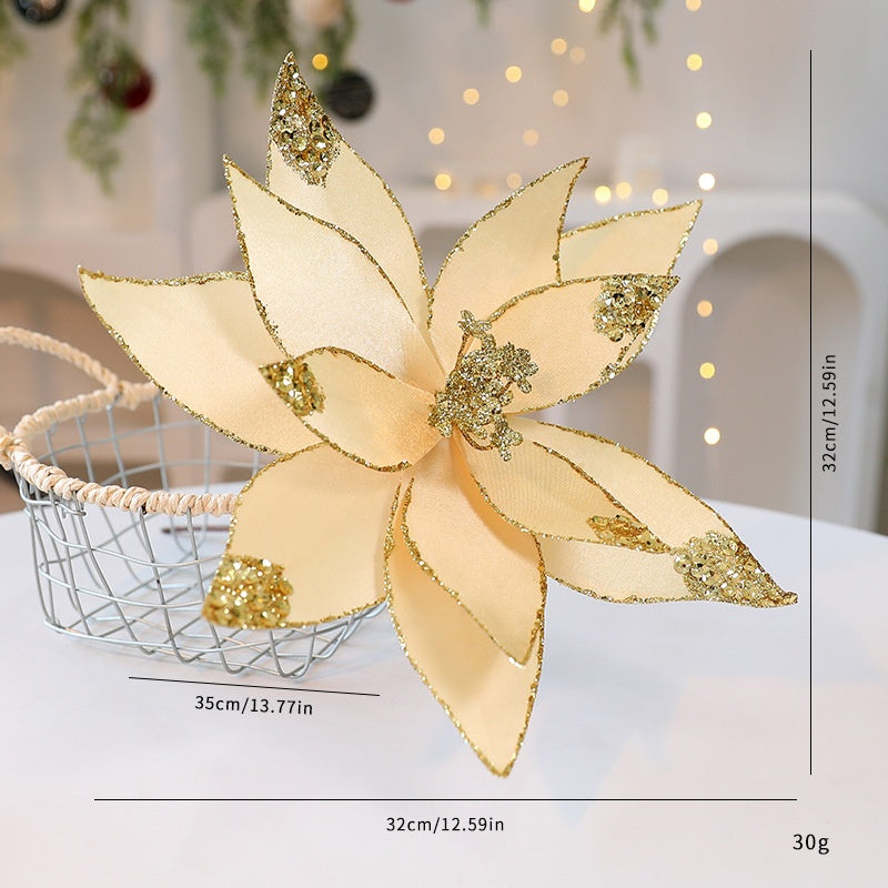Velvet Poinsettia Christmas Flower Pick with Glitter Edge