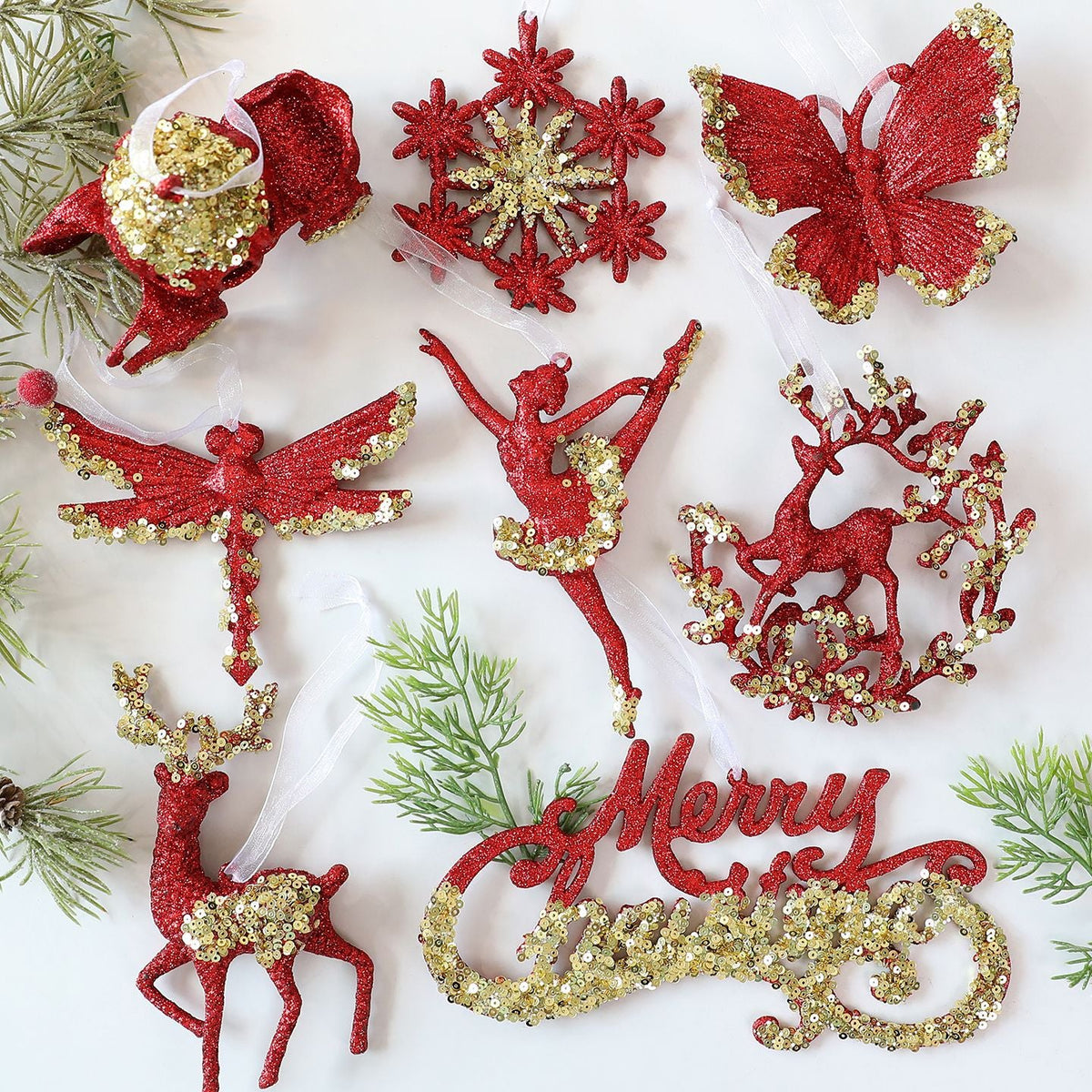 Christmas Tree Ornaments: Red & Gold Glitter Set