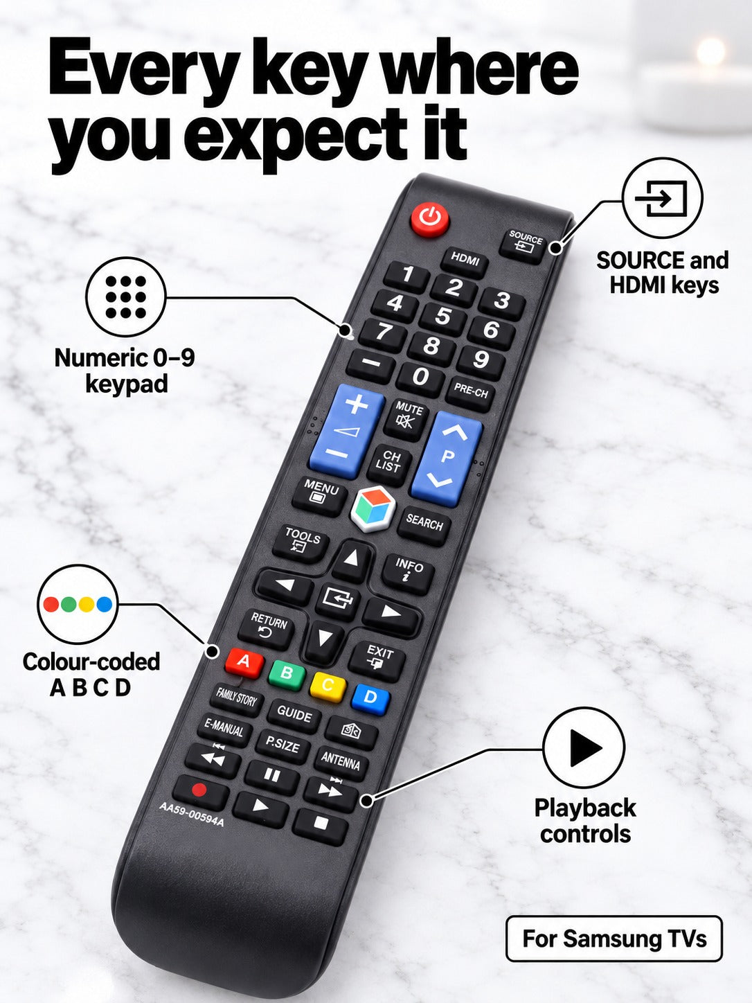 Samsung TV Replacement Remote for AA59-00594A Models