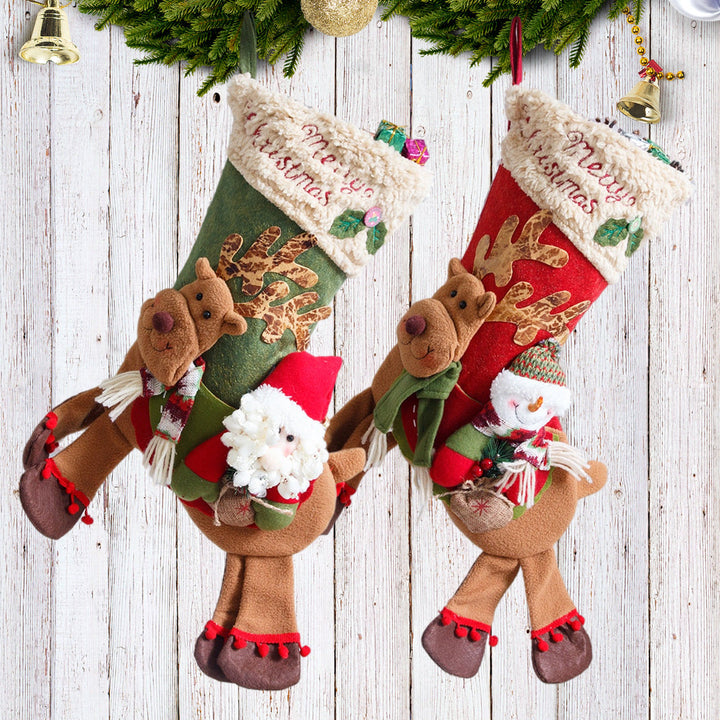 Christmas Stocking With Plush Reindeer & Snowman Decor