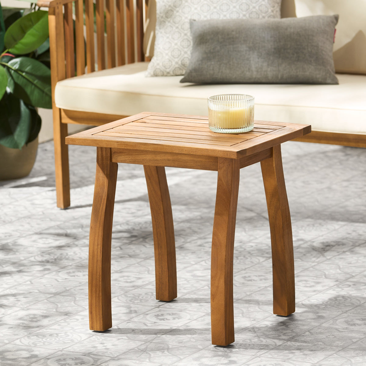 Solid Wood End Table with Teak Finish for Indoor & Patio