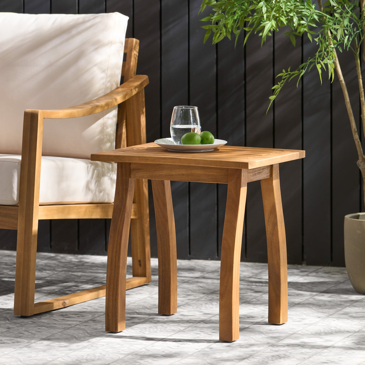 Solid Wood End Table with Teak Finish for Indoor & Patio