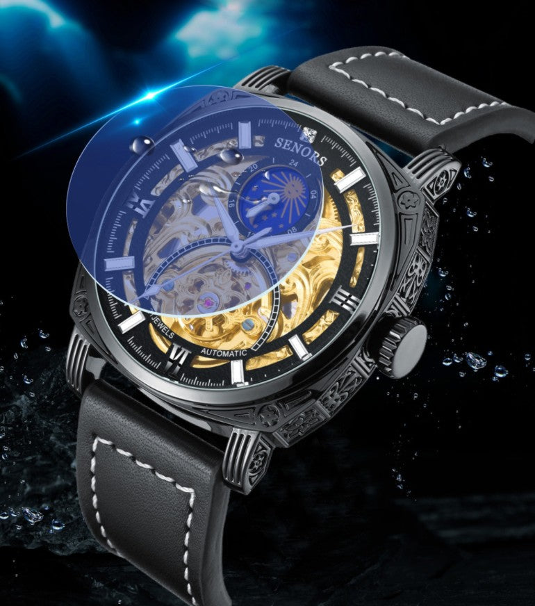 Men's Skeleton Automatic Watch, Gold Moon Phase Dial