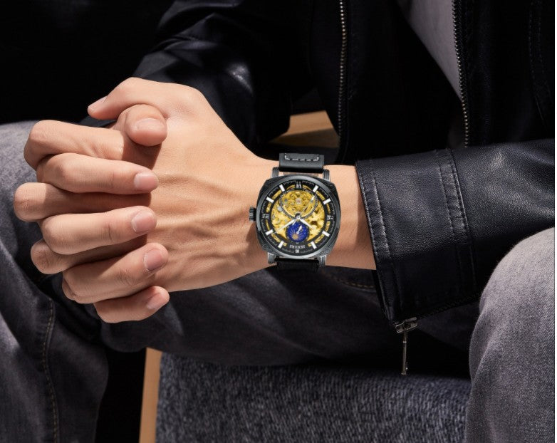 Men's Skeleton Automatic Watch, Gold Moon Phase Dial