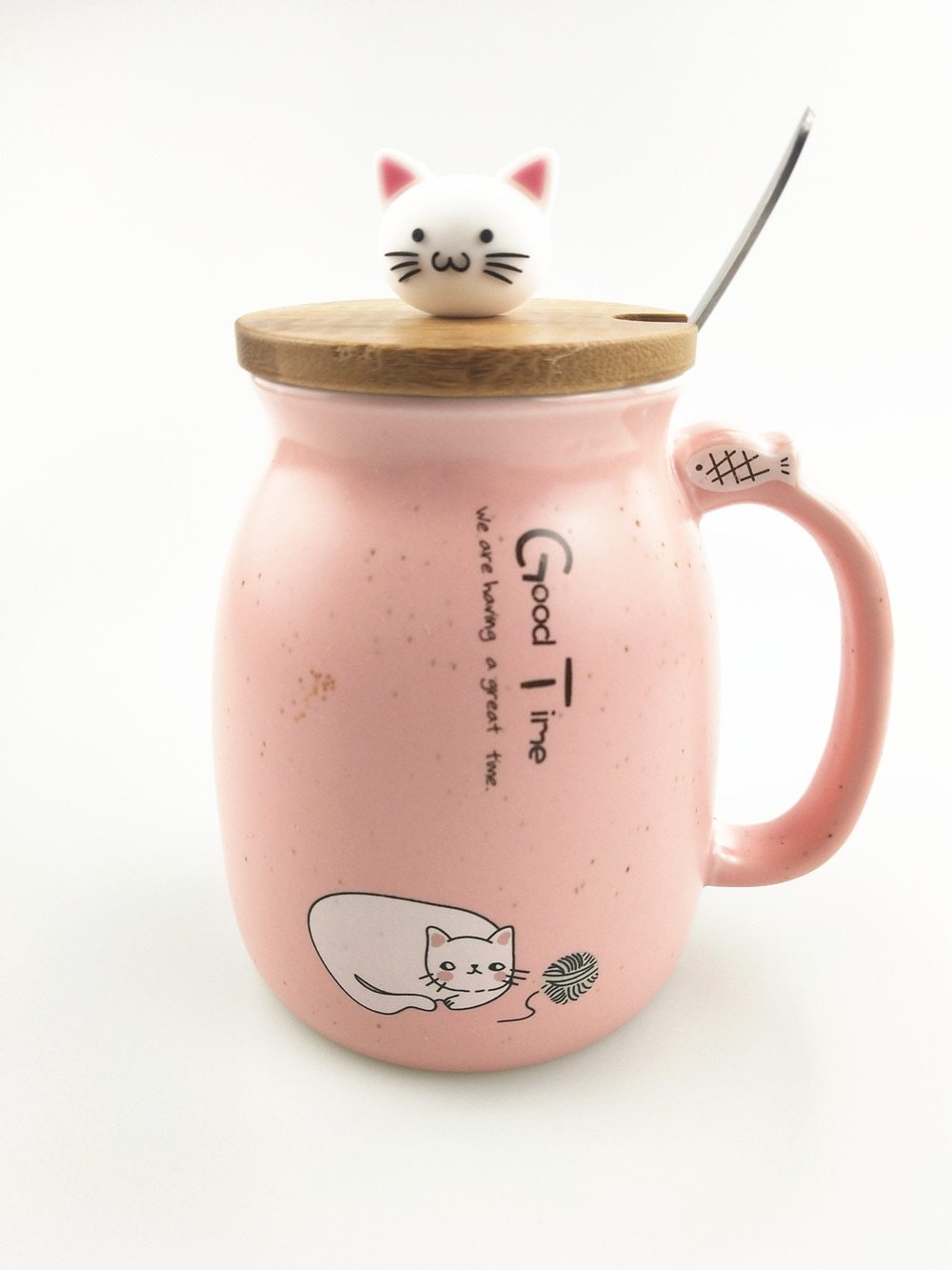 Cute Cat Ceramic Mug with Bamboo Lid and Spoon Set