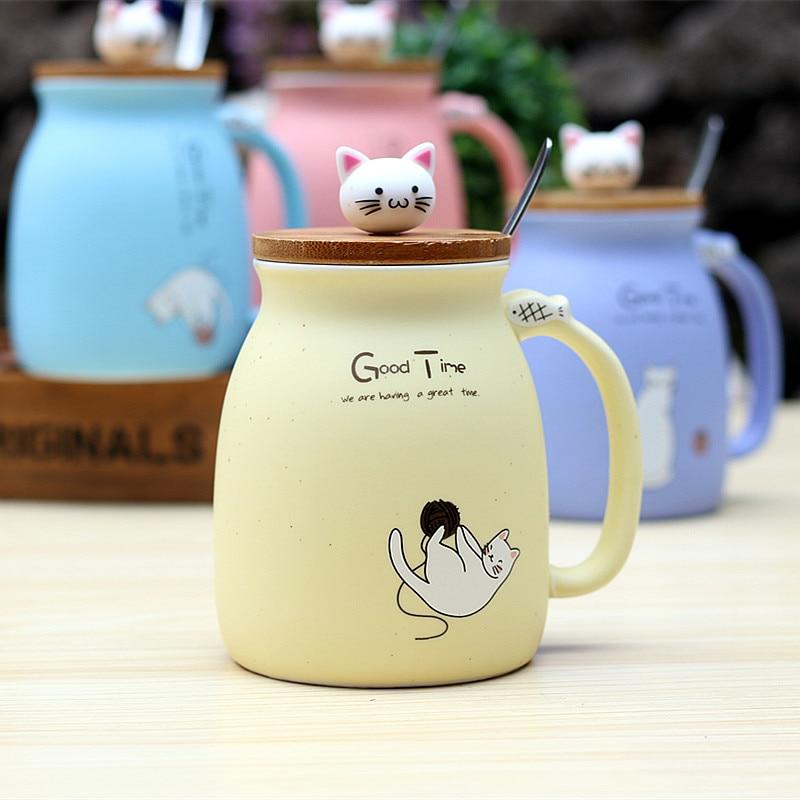 Cute Cat Ceramic Mug with Bamboo Lid and Spoon Set
