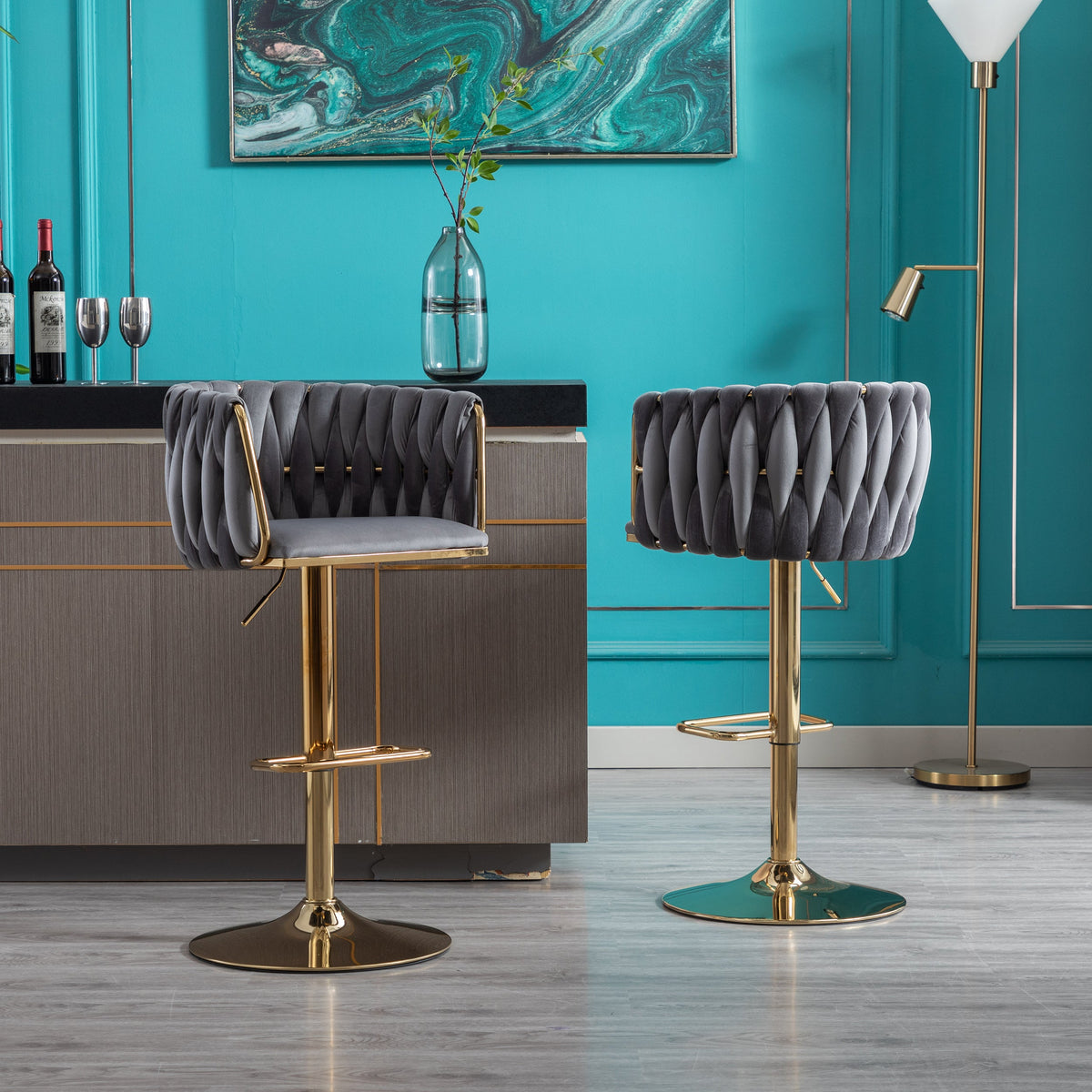 Velvet Swivel Bar Stools with Gold Footrest, Set of 2