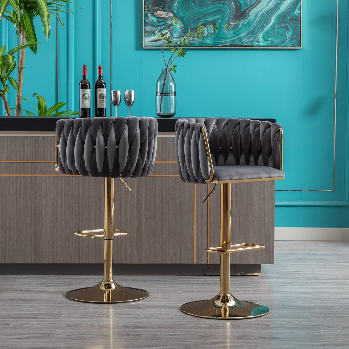 Velvet Swivel Bar Stools with Gold Footrest, Set of 2