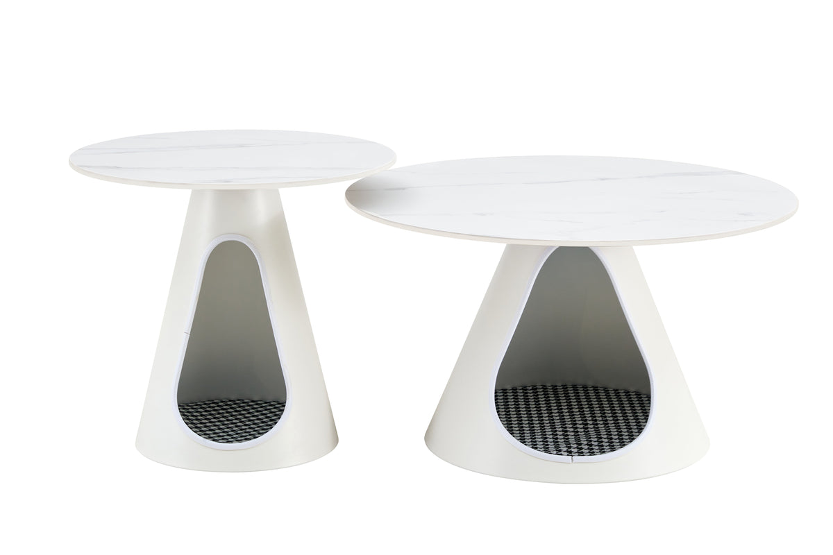 Coffee Table Set with Built-In Cat Bed, Marble-Look Top