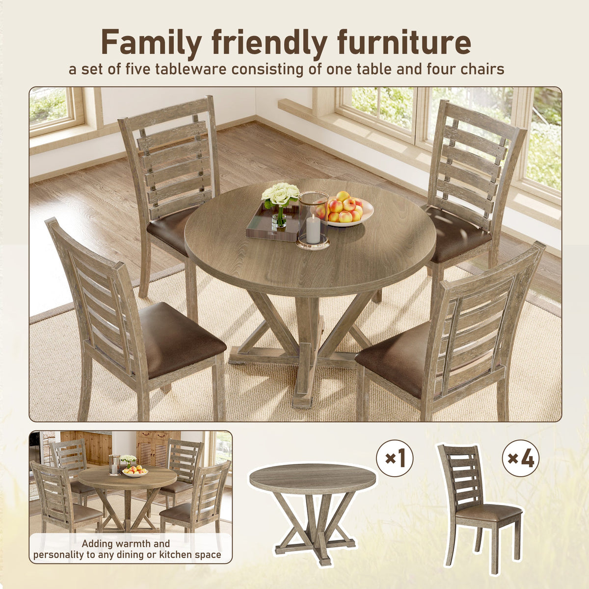 Farmhouse Ladderback Dining Chairs Set of 2, Solid Wood
