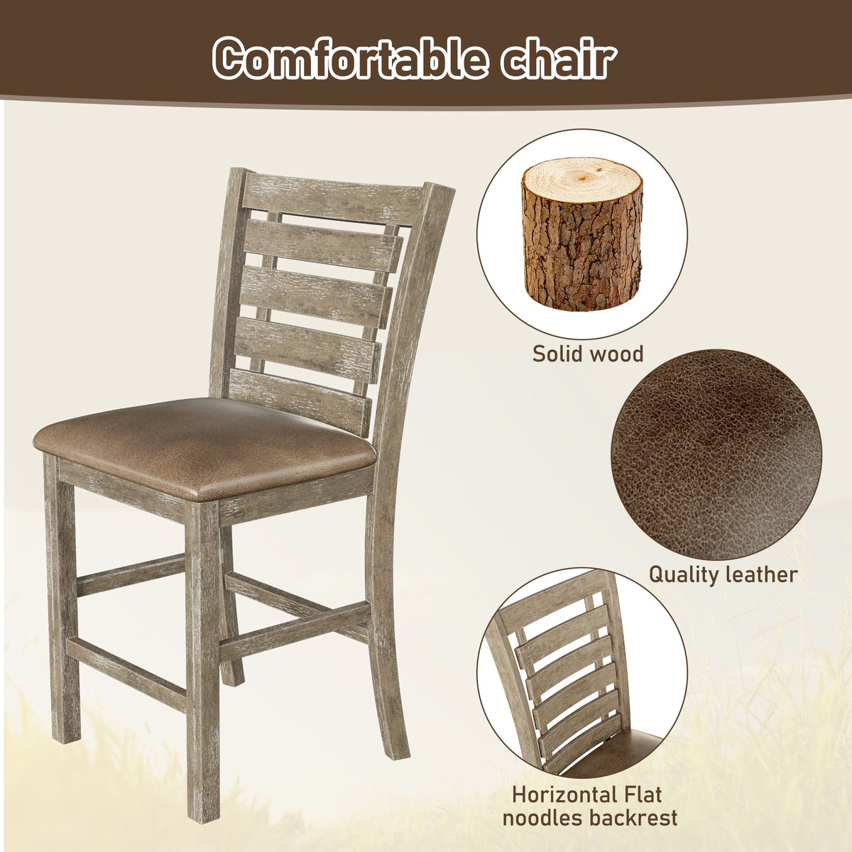 Farmhouse Counter Height Chairs, Solid Wood Set of 2