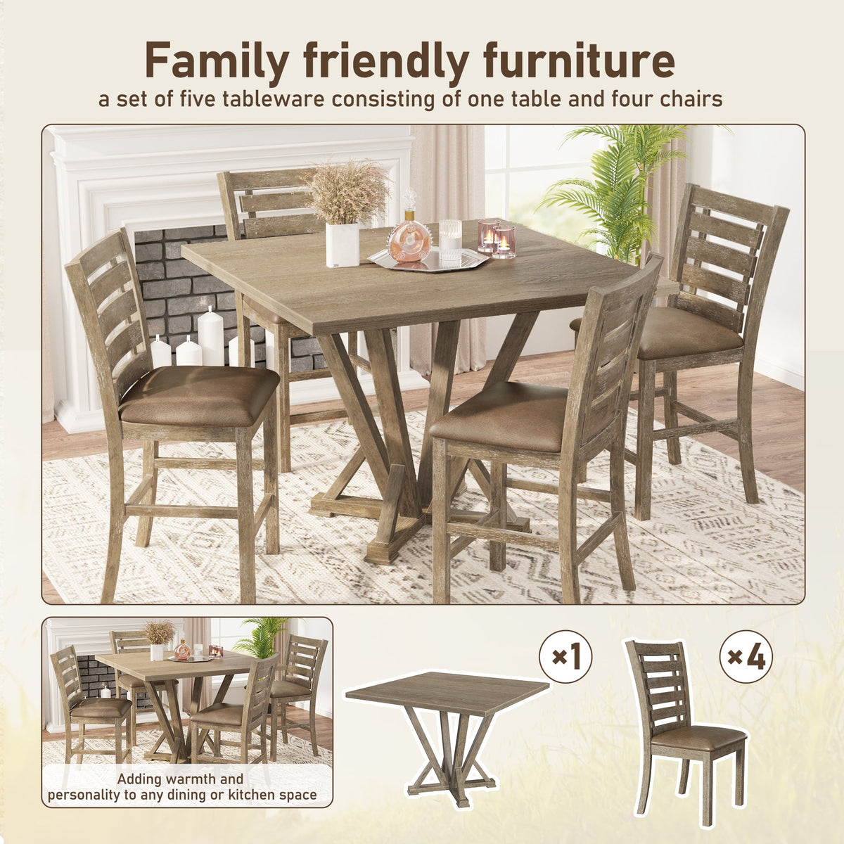 Farmhouse Counter Height Chairs, Solid Wood Set of 2
