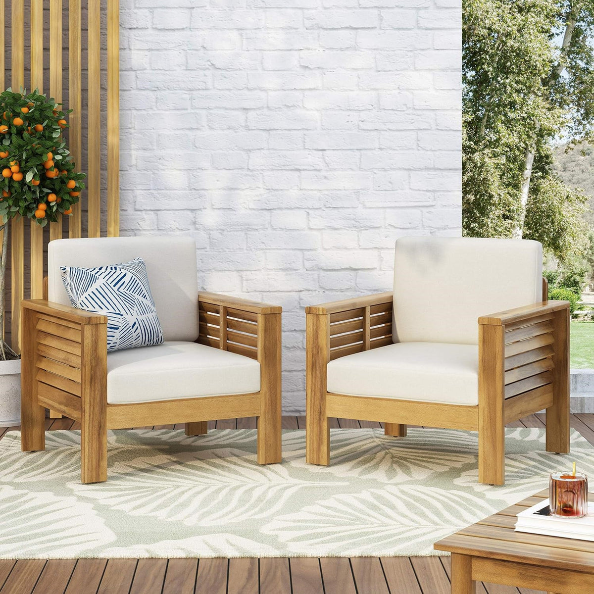 Outdoor Acacia Wood Club Chairs Set of 2 with Cushions