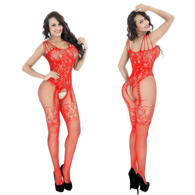 Black Lace Bodysuit With Sheer Fishnet Open-Crotch