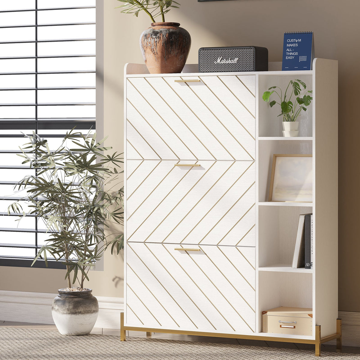 Slim Entryway Shoe Cabinet with Flip Drawers & Shelves