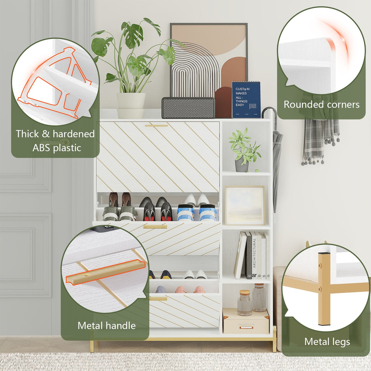 Slim Entryway Shoe Cabinet with Flip Drawers & Shelves
