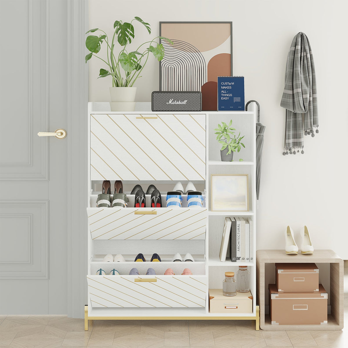 Slim Entryway Shoe Cabinet with Flip Drawers & Shelves
