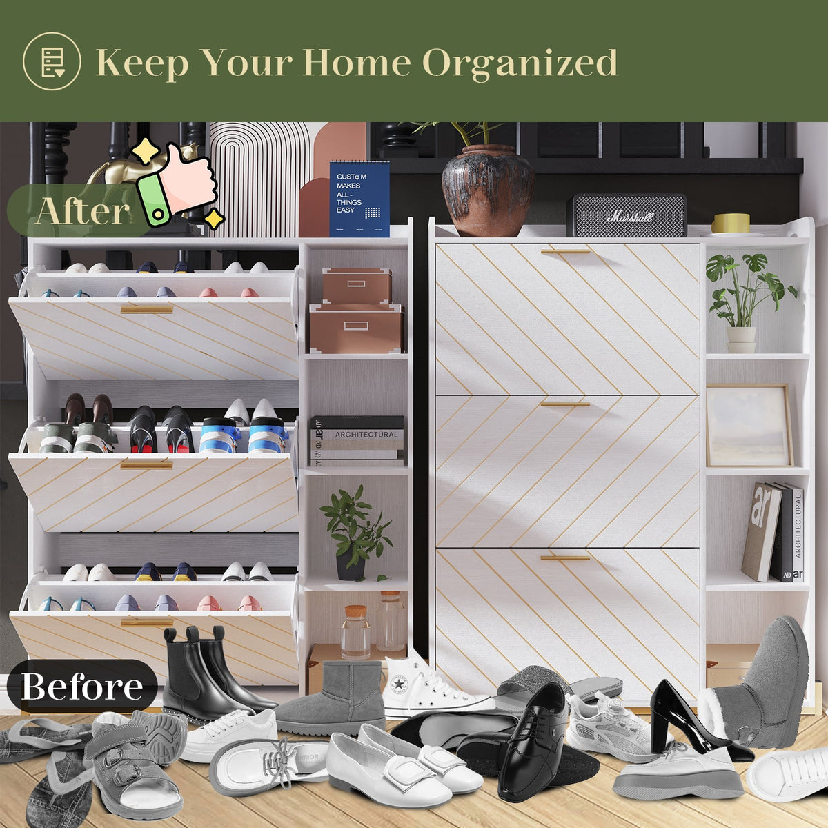 Slim Entryway Shoe Cabinet with Flip Drawers & Shelves