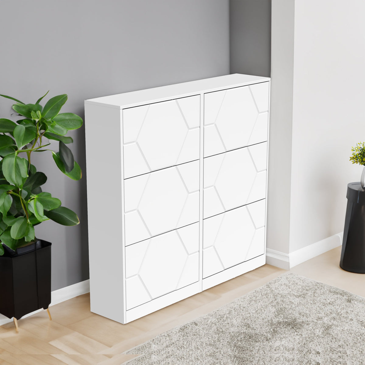 Entryway Shoe Storage Cabinet with Hexagonal Carved Doors