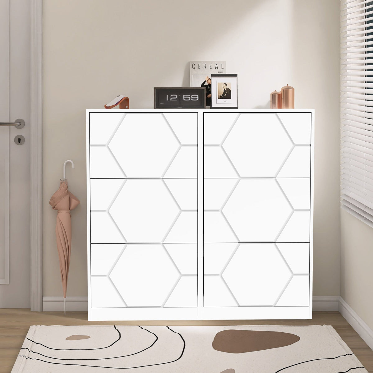 Entryway Shoe Storage Cabinet with Hexagonal Carved Doors