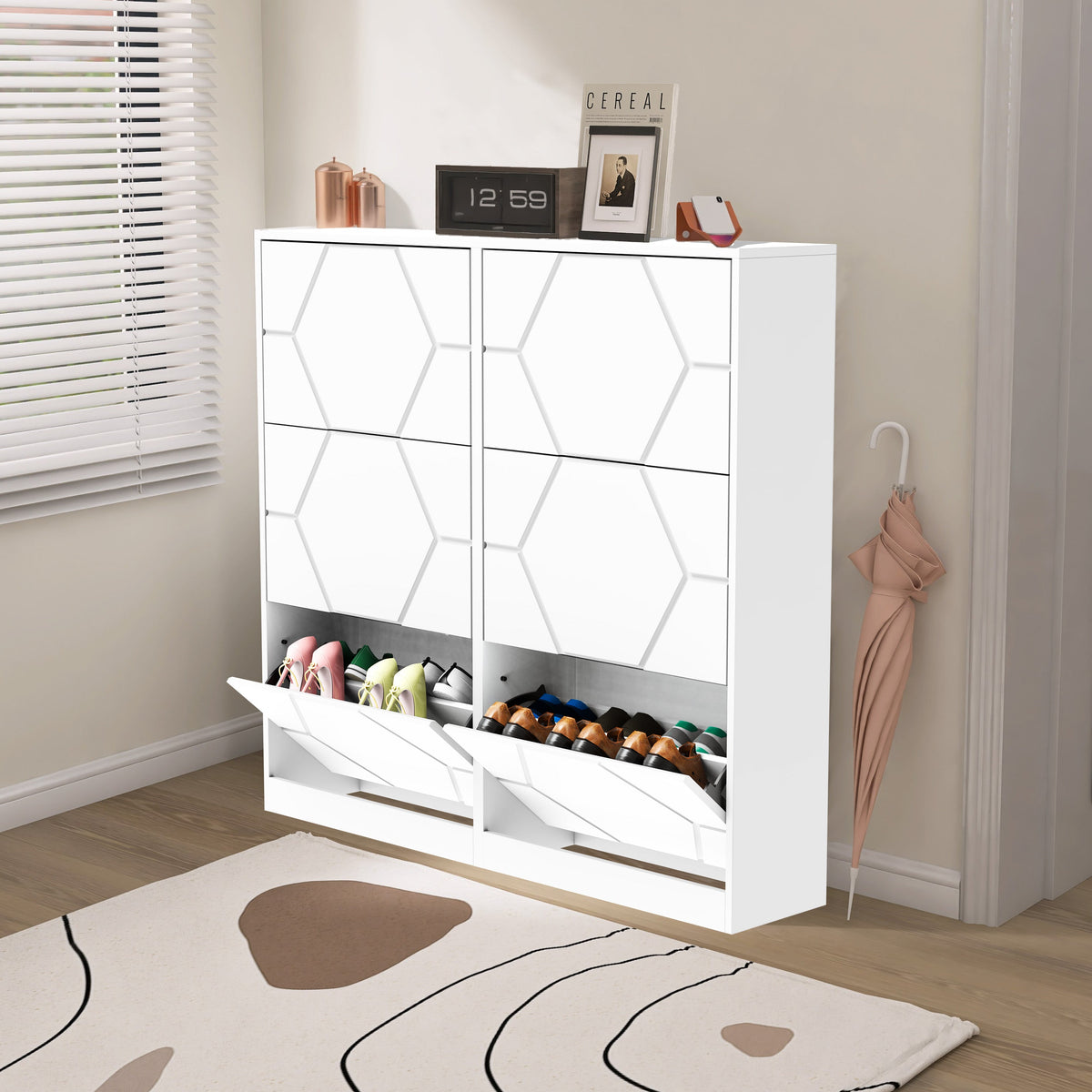 Entryway Shoe Storage Cabinet with Hexagonal Carved Doors