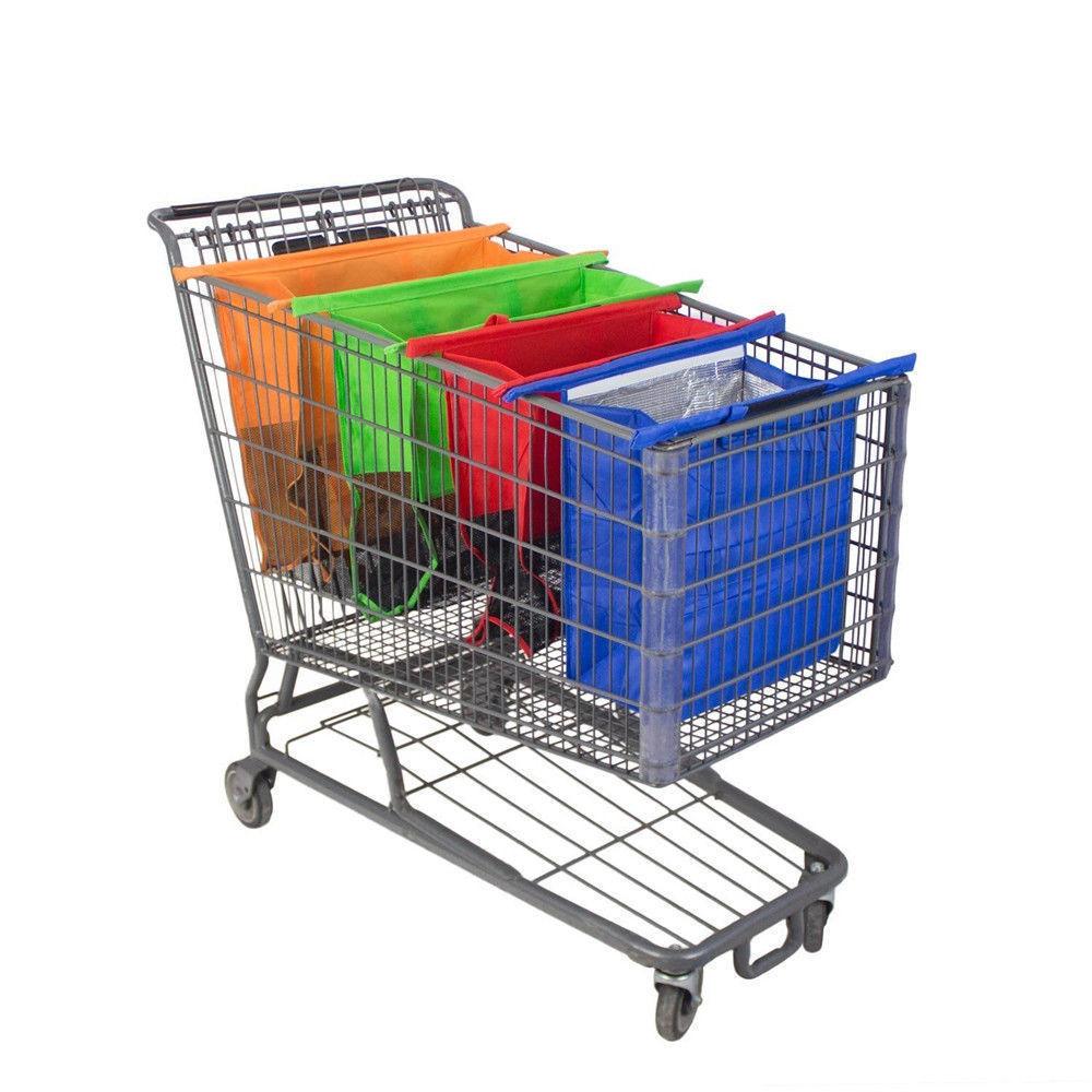 Foldable Reusable Grocery Bags with Cart Clips, 4 Pack