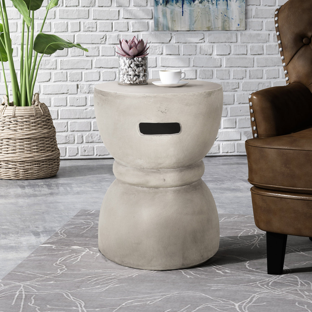 Hourglass Concrete-Look Side Table and Accent Stool