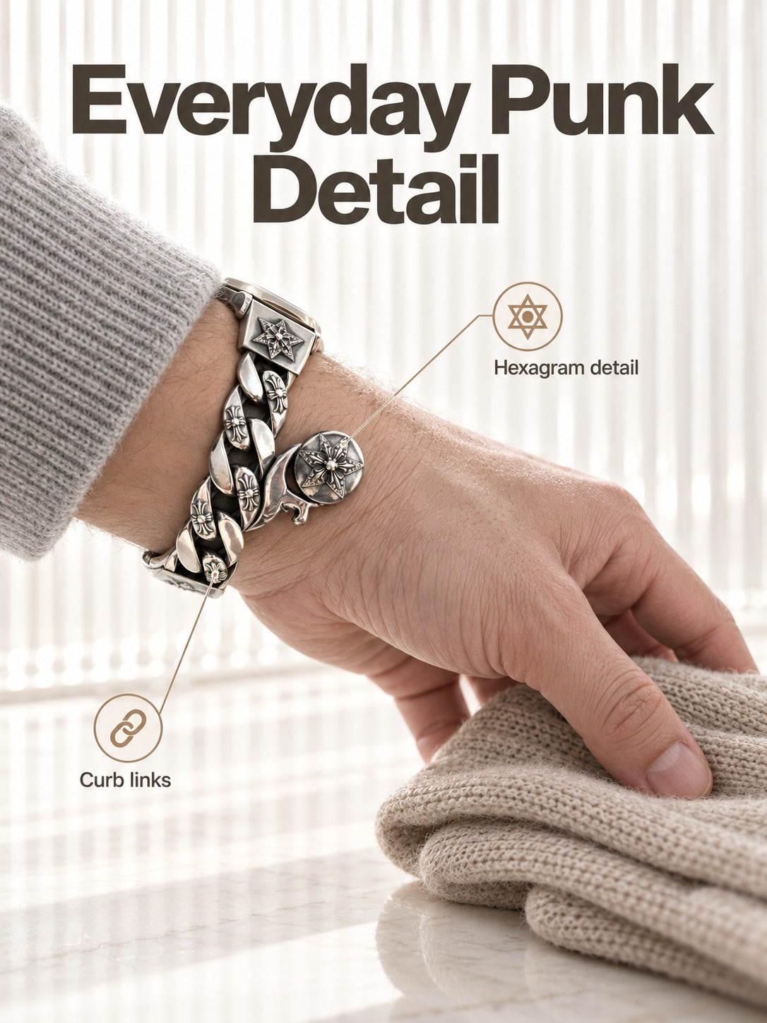Silver Hexagram Watch Band for Men, Retro Punk Style