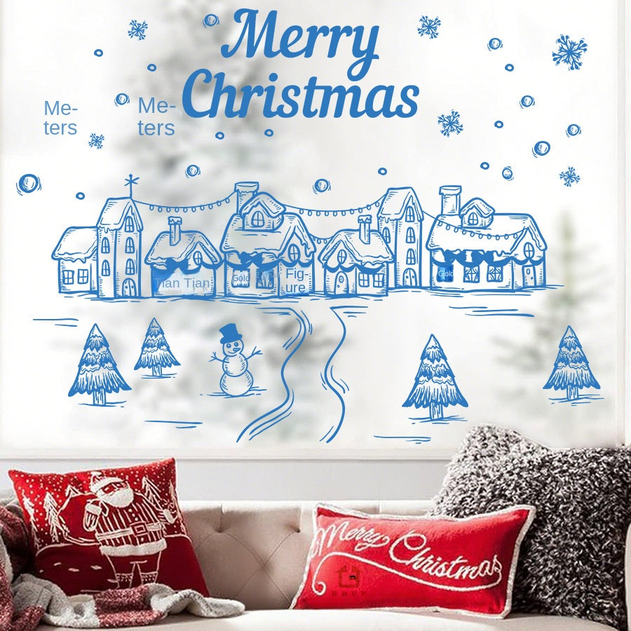 Christmas Window Stickers Blue Snow Village Decor