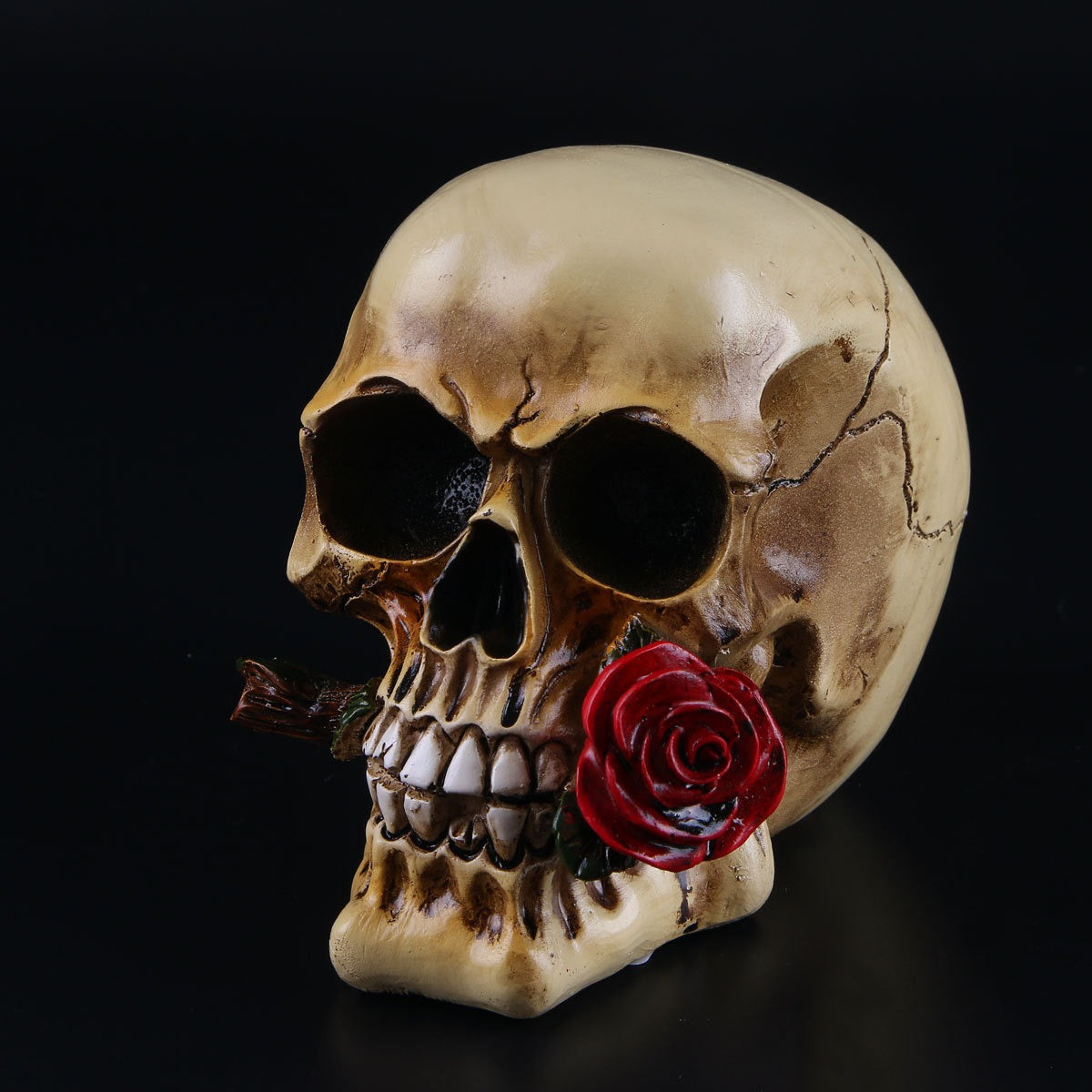 Gothic Skull Ornament With Crimson Rose Shelf Decor